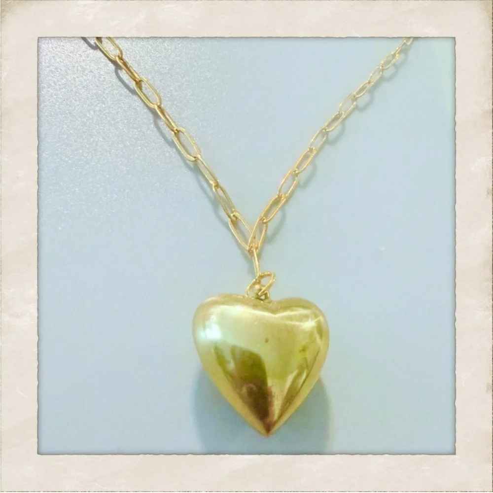 Vintage Brass Puffy Heart Pendant Necklace on a Gold Filled Oval Link Chain, 22”